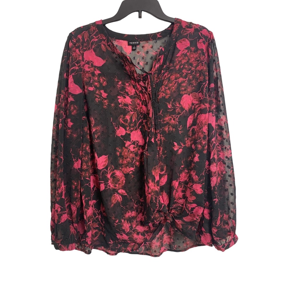 Torrid Pink Black Floral Swiss Dot Tie Front Knot Hem Chiffon Blouse Plus Size 1